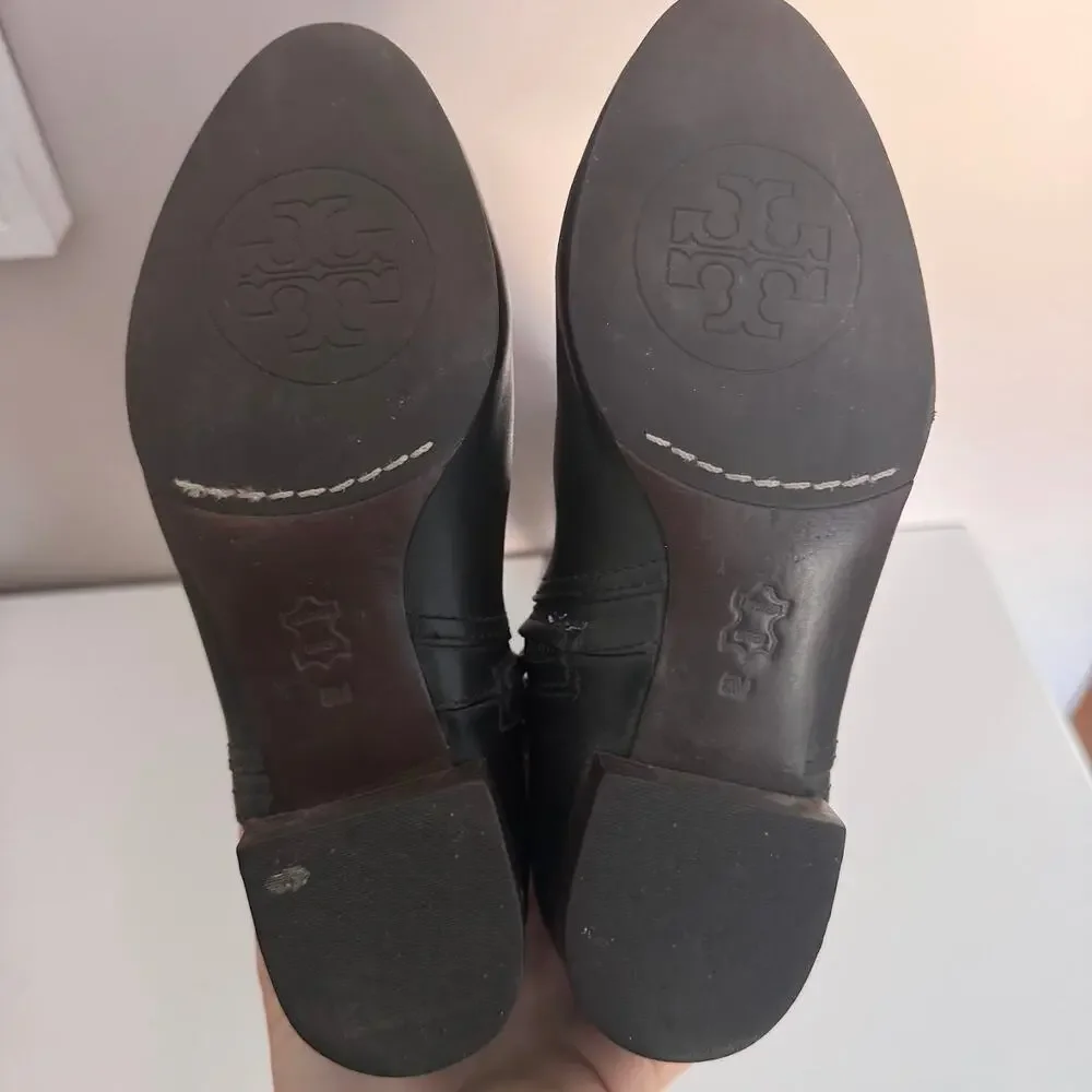 Tory Burch Tall Black Leather Riding Boots Horsebit Heel Logo Hardware Size 5